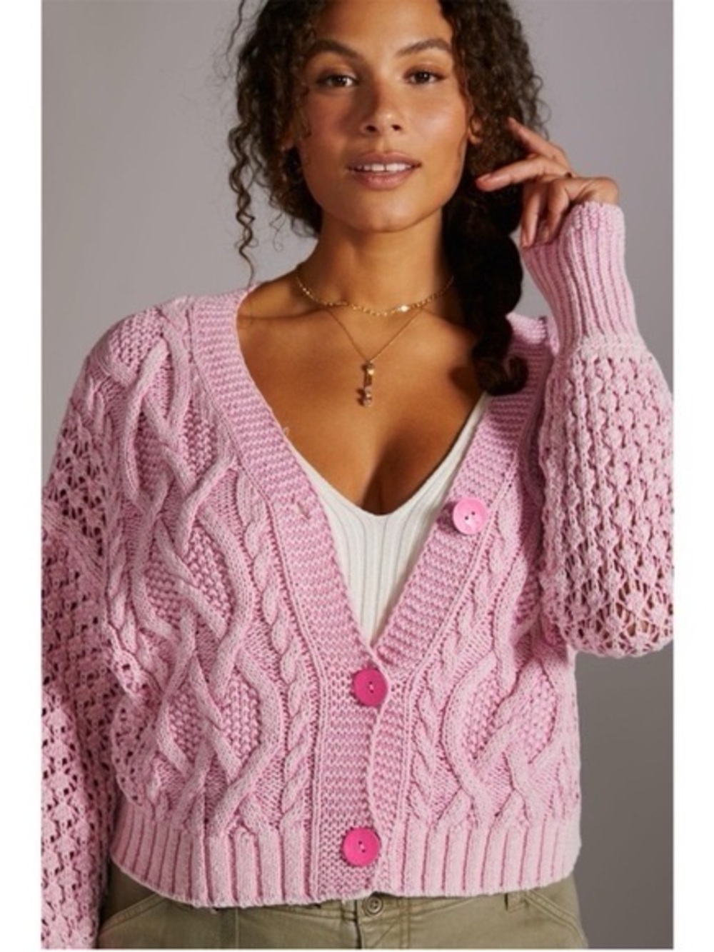 Anthropologie Pilcro Pink Cable Knit Cardigan Sweater in Size Small